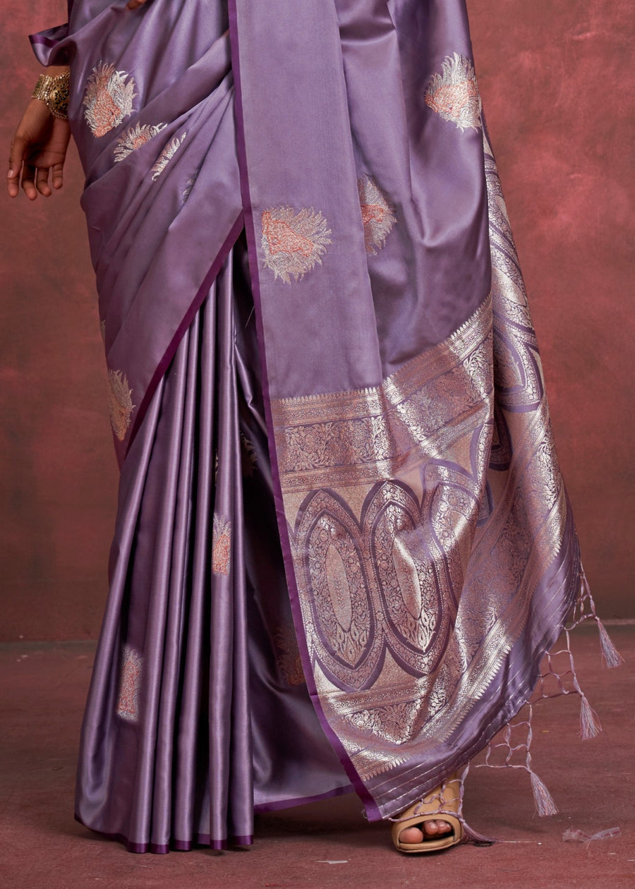 Pure Banarasi Satin Silk Handloom Zari Weaving Purple Saree