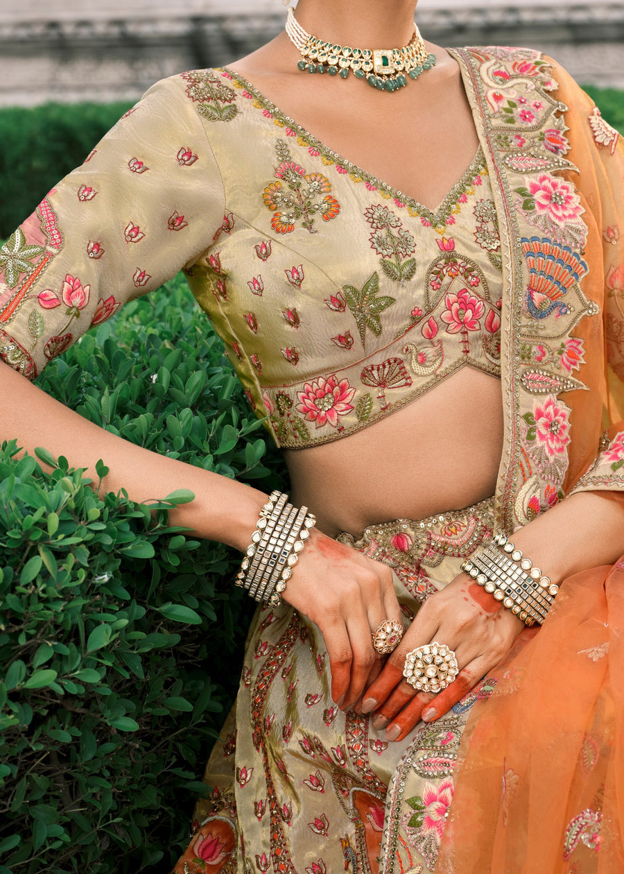 Light Golden & Orange Embroidered Banarasi Silk Lehenga Choli