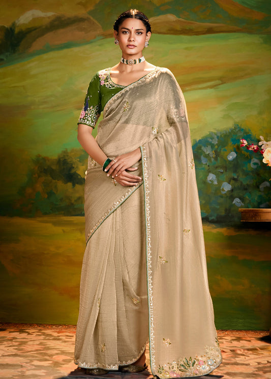 Crushed Satin Tissue Beige Embroidered Saree & Mehendi Green Blouse