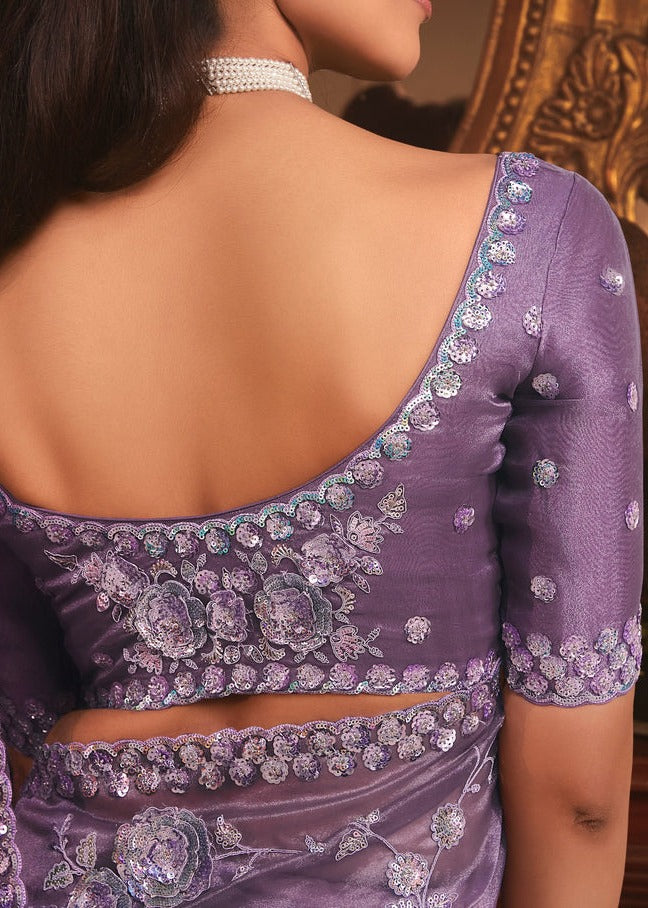 Royal Purple Organza Tissue Silk Saree With Embroidery Work