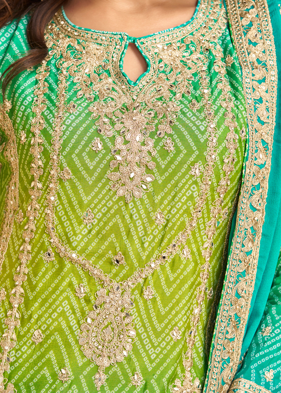 Designer Jade Green & Lime Green Ombre Chinon Silk Bandhani Suit Set