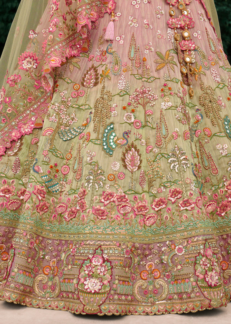 Pink & Pista Green Ombre Effect Embroidered Banarasi Silk Lehenga Choli