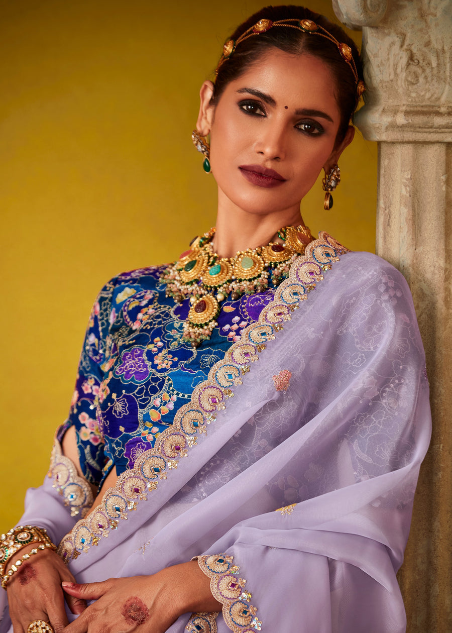 Lavender Purple Glass Tissue Silk Embroidered Saree & Blue Printed Blouse