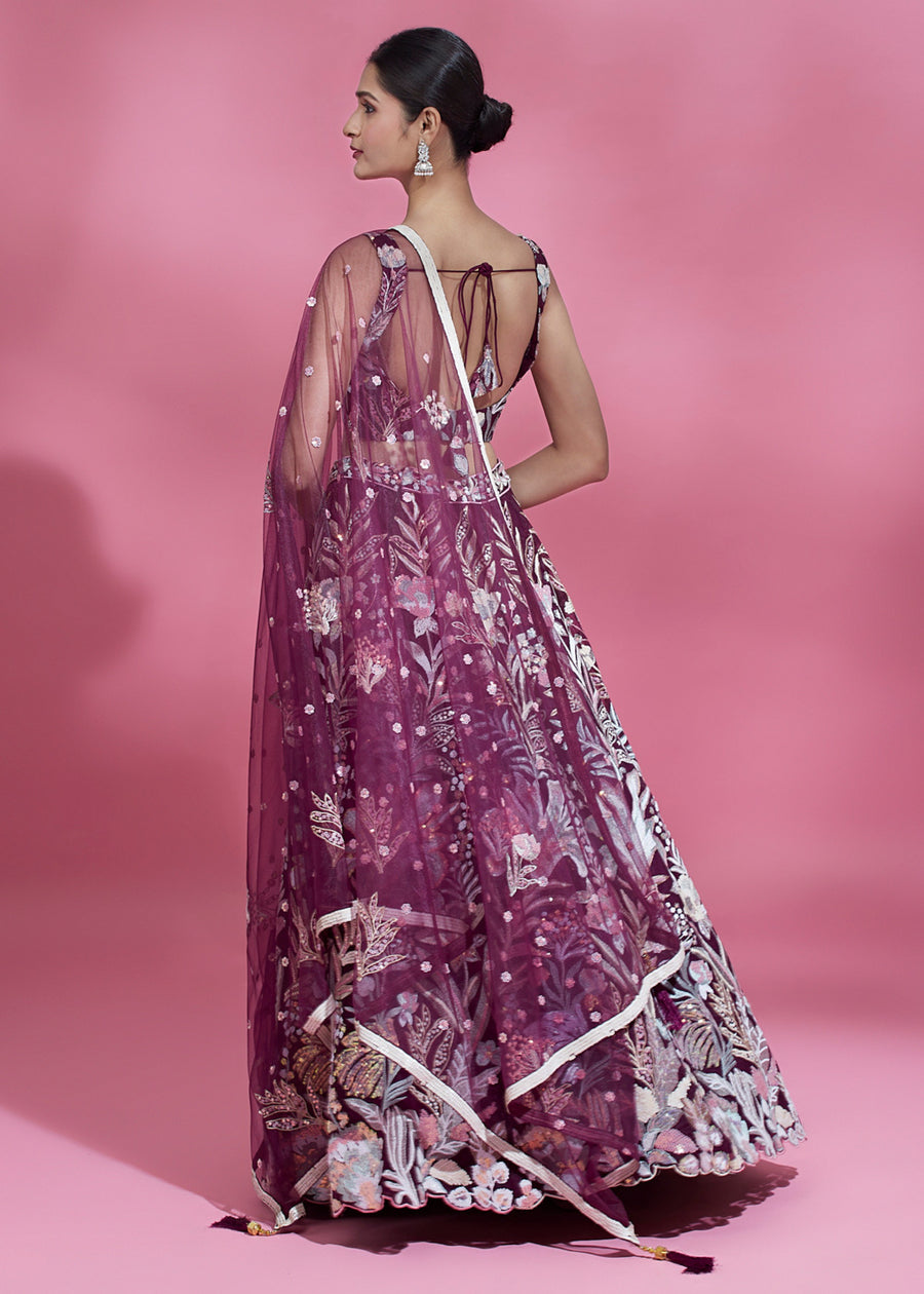 Wine Red Lehenga Choli With Sequins Embroidery