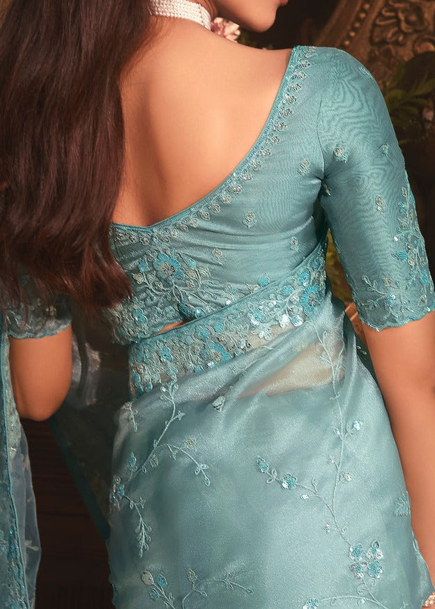 Ocean Blue Organza Tissue Silk Saree With Sequins Embroidery