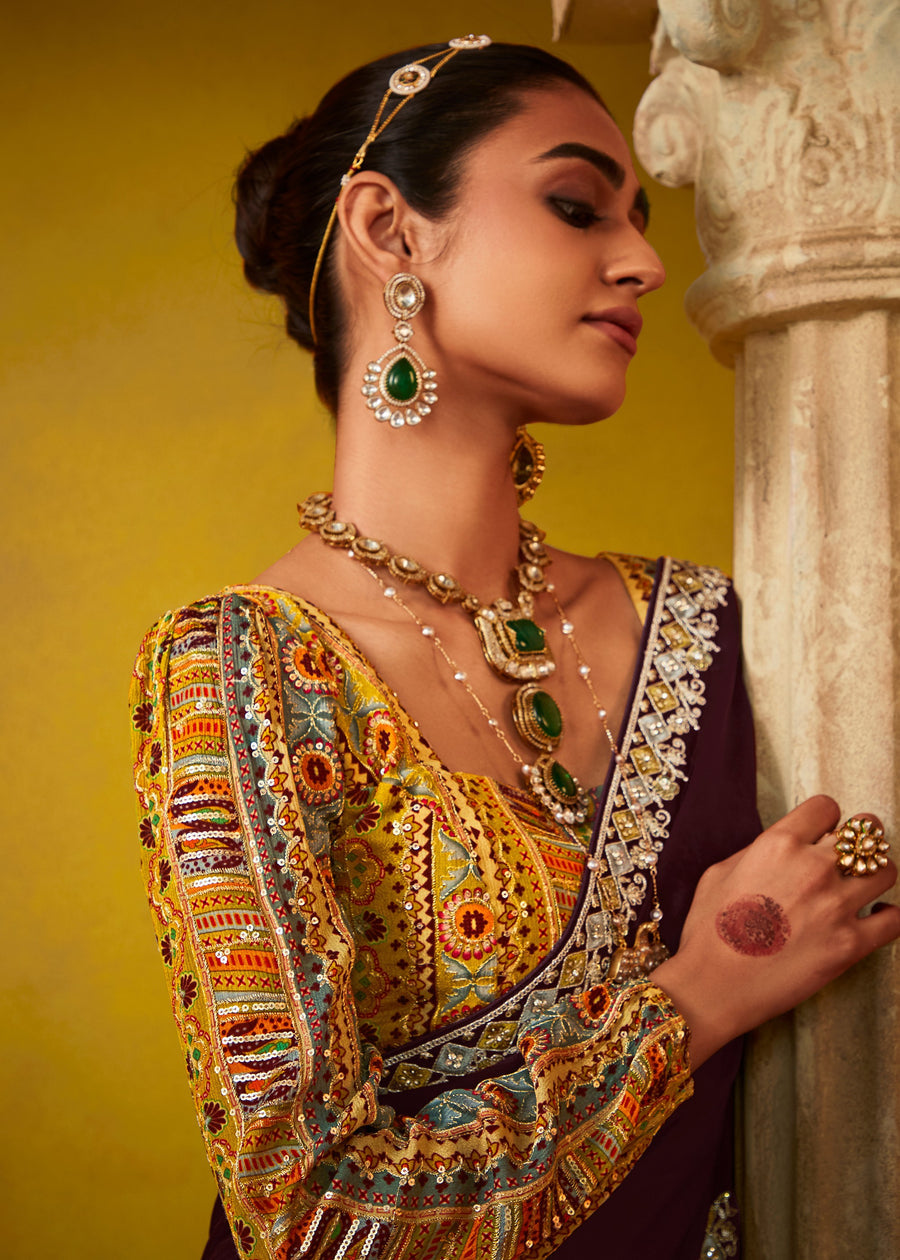 Deep Maroon Glass Tissue Silk Embroidered Saree & Yellow Printed Blouse