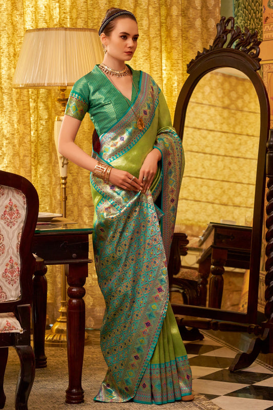 Green Banarasi Tissue Silk Multicolor Weaving Border Saree