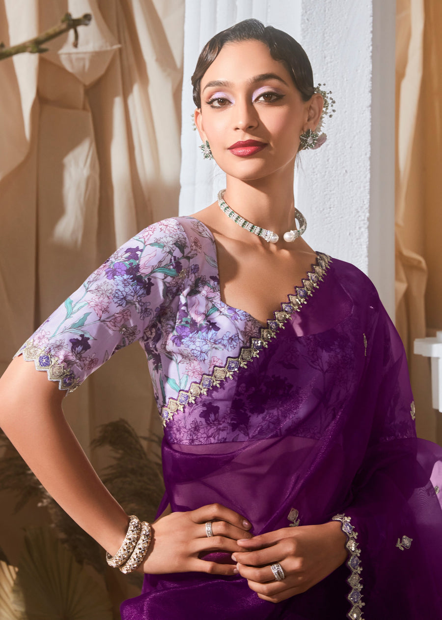 Violet Purple Organza Tissue Silk Embroidered Saree & Printed Blouse