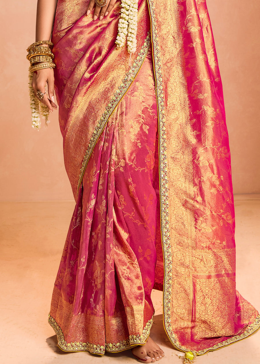 Pure Banarasi Tissue Silk Embroidered Rani Pink Handloom Saree & Contrast Yellow Blouse