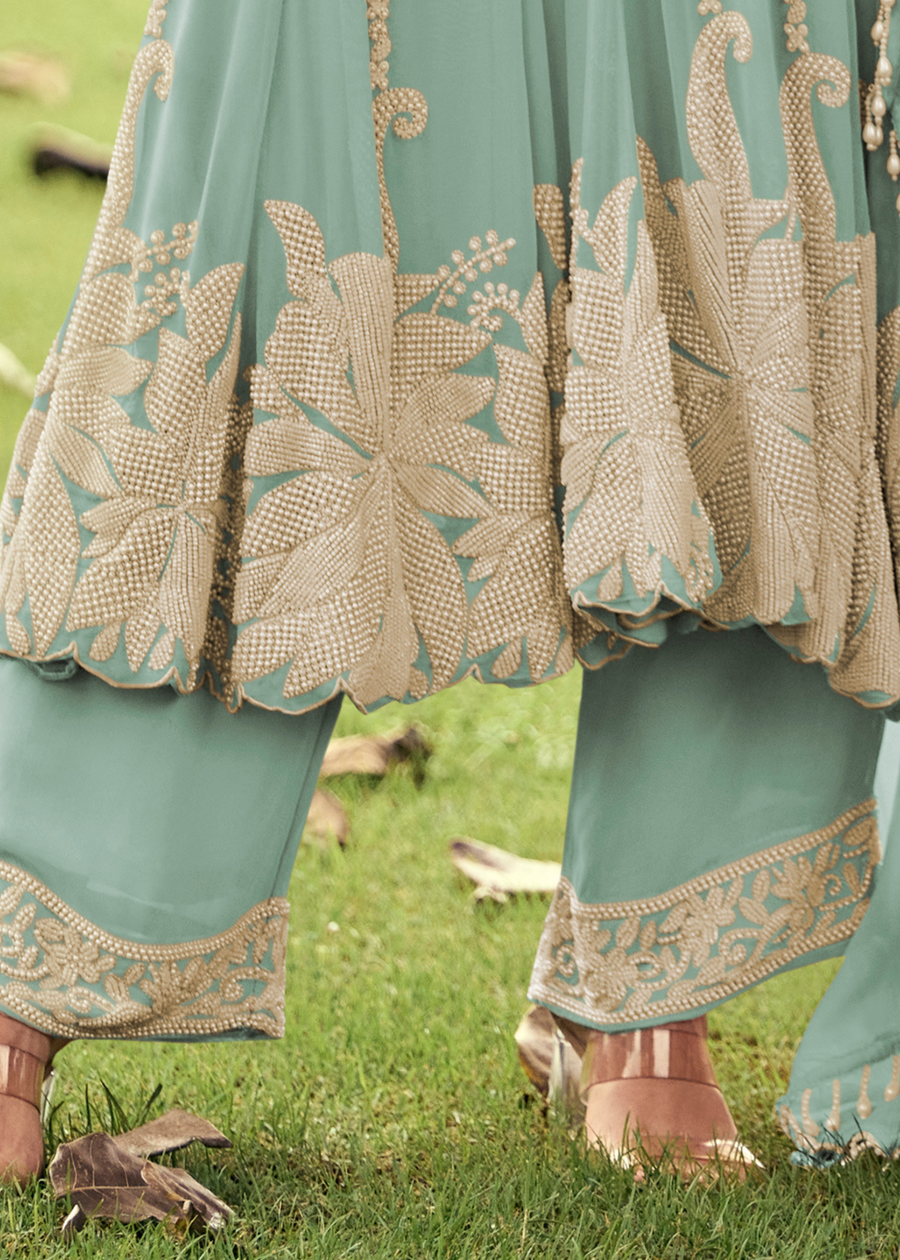 Pastel Blue Georgette Anarkali Suit Set With Beadwork