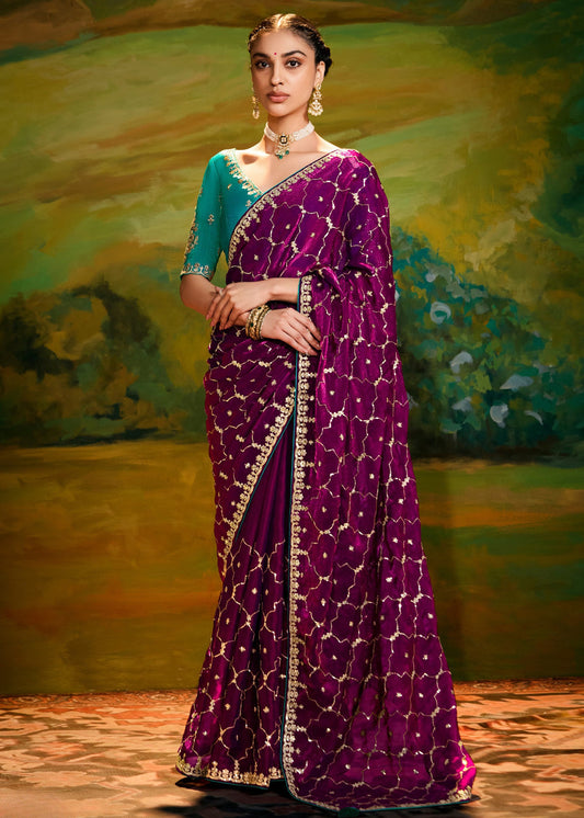 Satin Tissue Magenta Pink Embroidered Saree & Jade Green Blouse