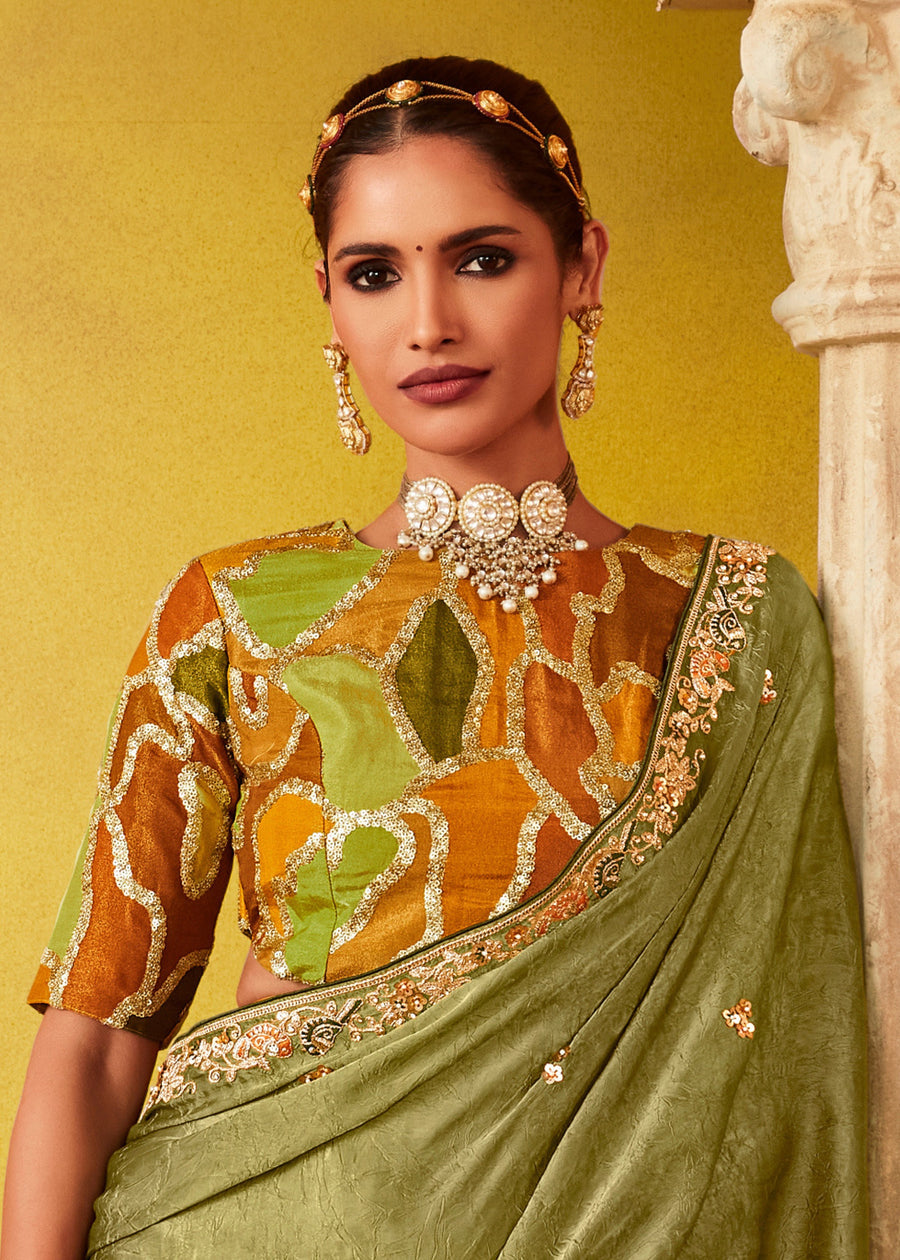 Moss Green Glass Tissue Silk Embroidered Saree & Printed Blouse