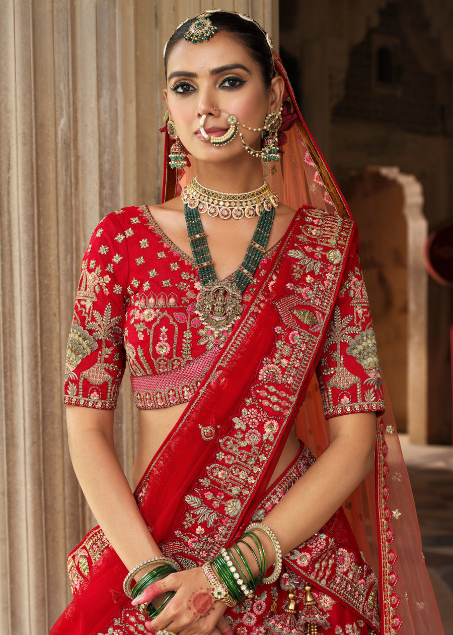 Red Silk Bridal Lehenga Choli with Zari Work