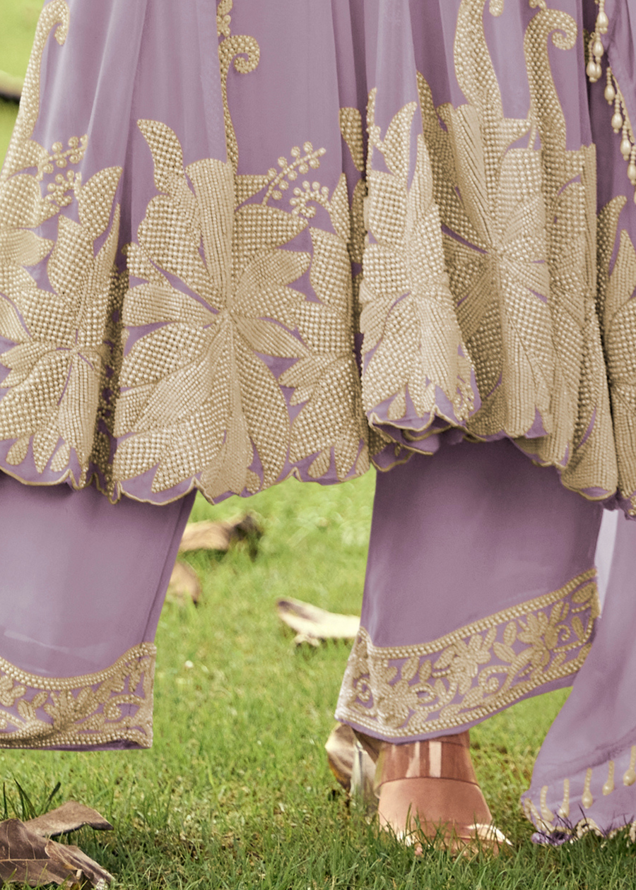 Lavender Purple Georgette Anarkali Suit Set With Beadwork