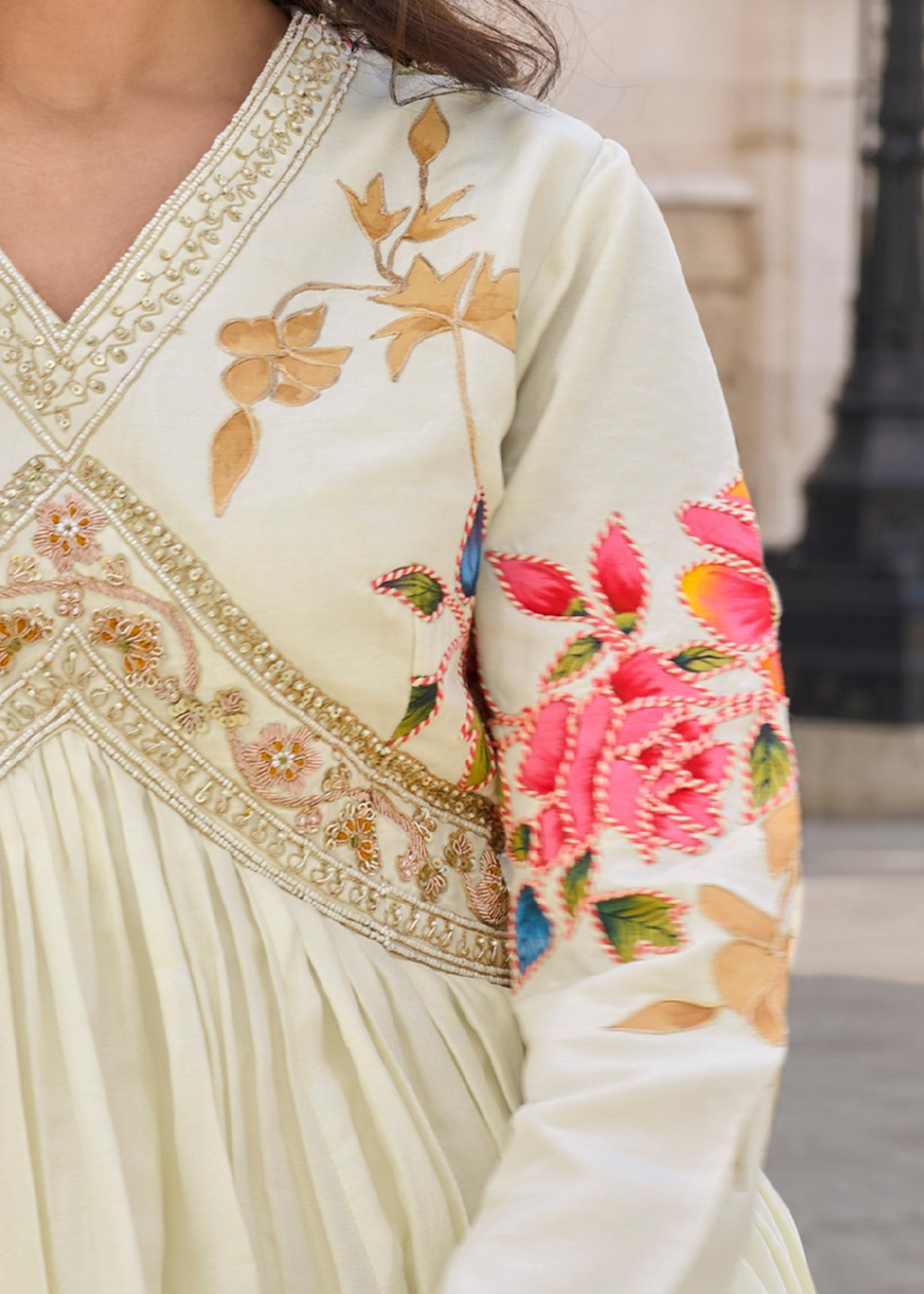 Off White Anarkali Style Chinon Silk Gown Suit With Dupatta