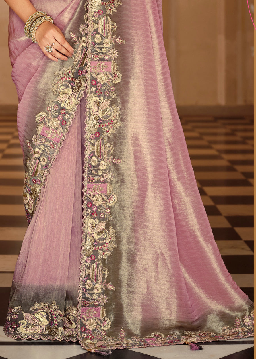 Pastel Pink Soft Banarasi Silk Embroidered Saree