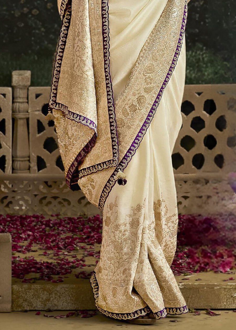 Off White Dola Banarasi Silk Saree & Beetroot Pink Embroidered Blouse