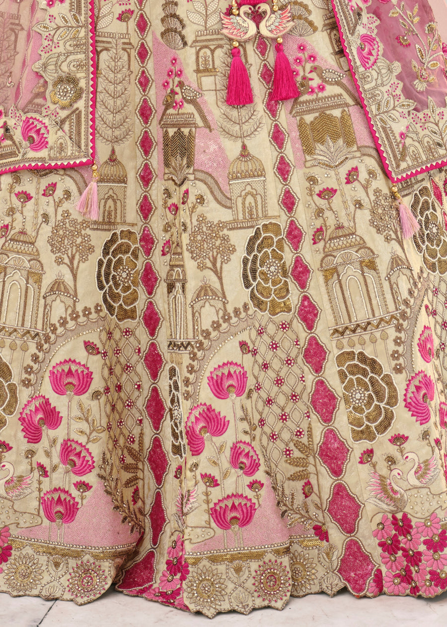 Cream & Pink Embroidered Silk Lehenga Choli