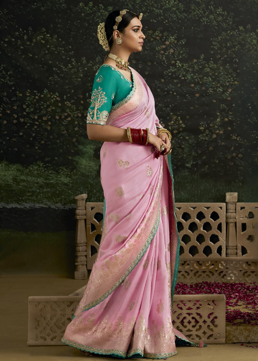 Pastel Pink Dola Banarasi Silk Saree & Green Embroidered Blouse
