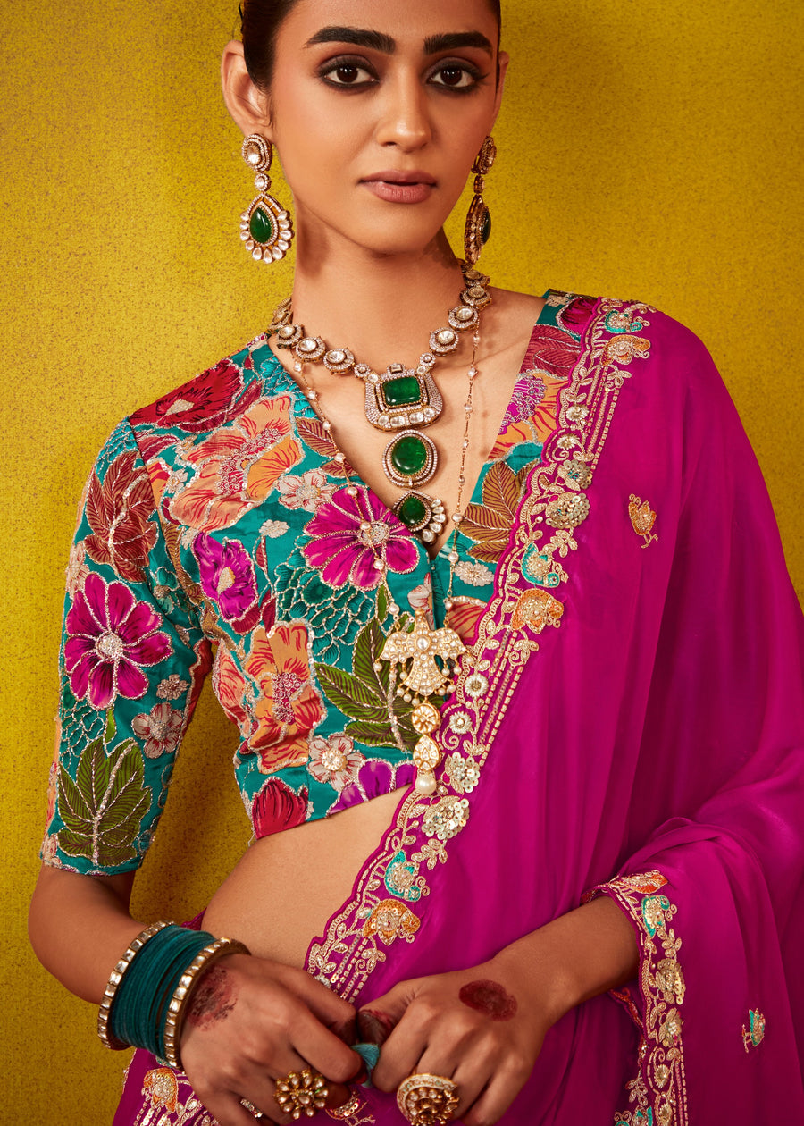 Hot Pink Glass Tissue Silk Embroidered Saree & Blue Printed Blouse