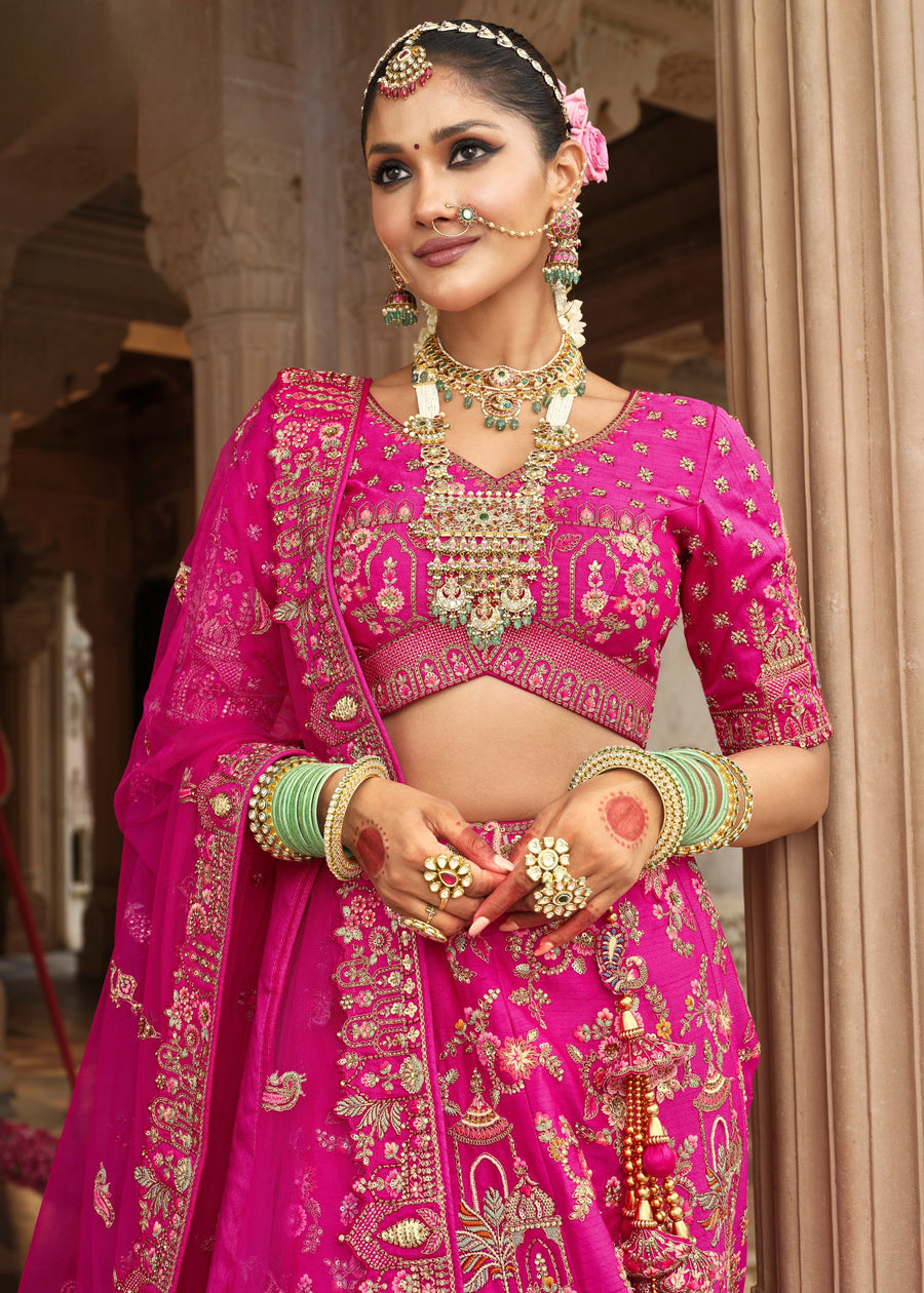 Fuchsia Pink Silk Bridal Lehenga Choli with Zari Work