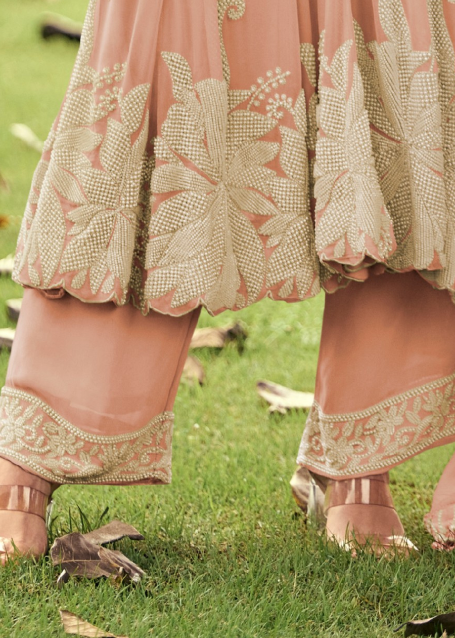 Peachy Pink Georgette Anarkali Suit Set With Beadwork
