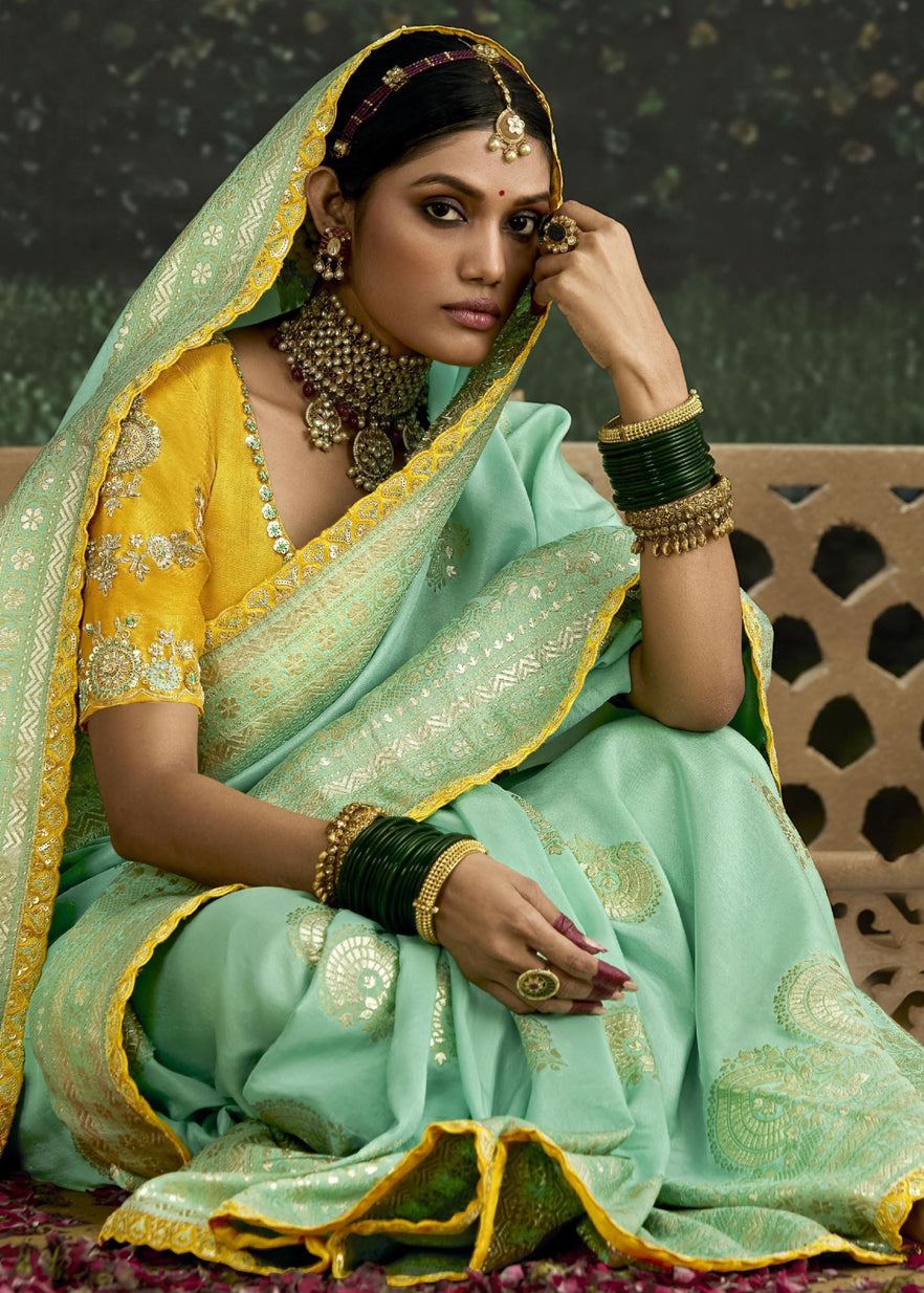 Sea Green Dola Banarasi Silk Saree & Yellow Embroidered Blouse