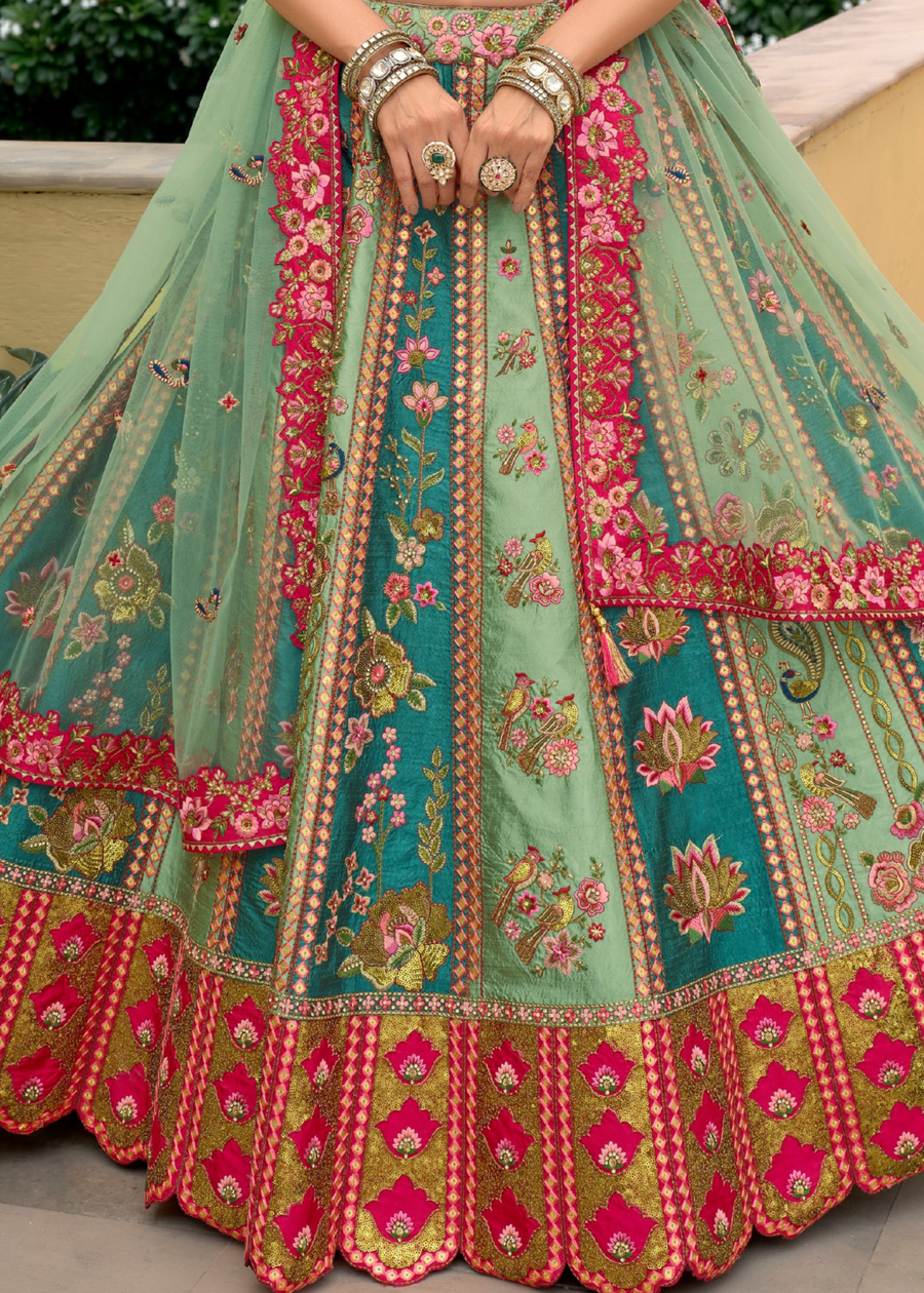 Teal Green and Rani Pink Silk Embroidered Bridal Lehenga Choli
