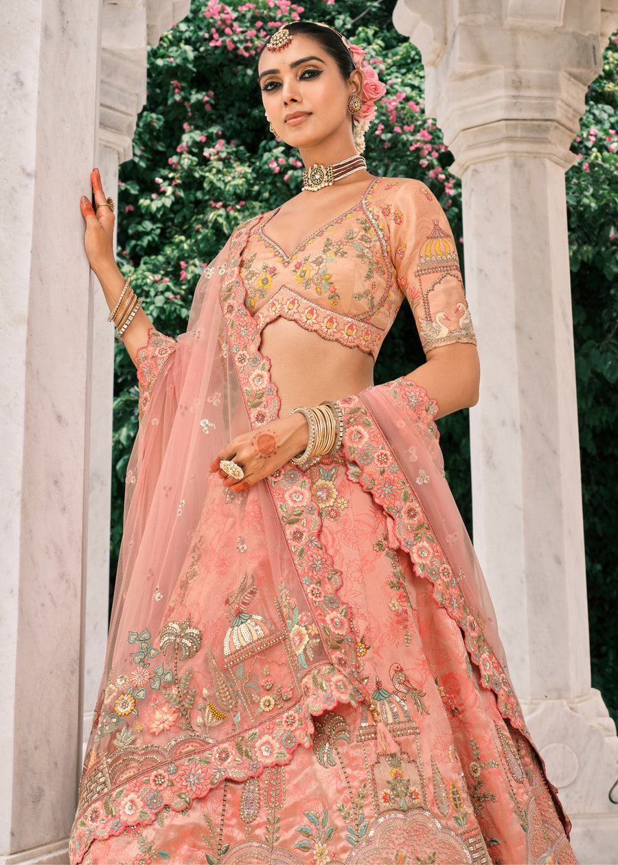 Peach Embroidered Silk Bridal Lehenga Choli