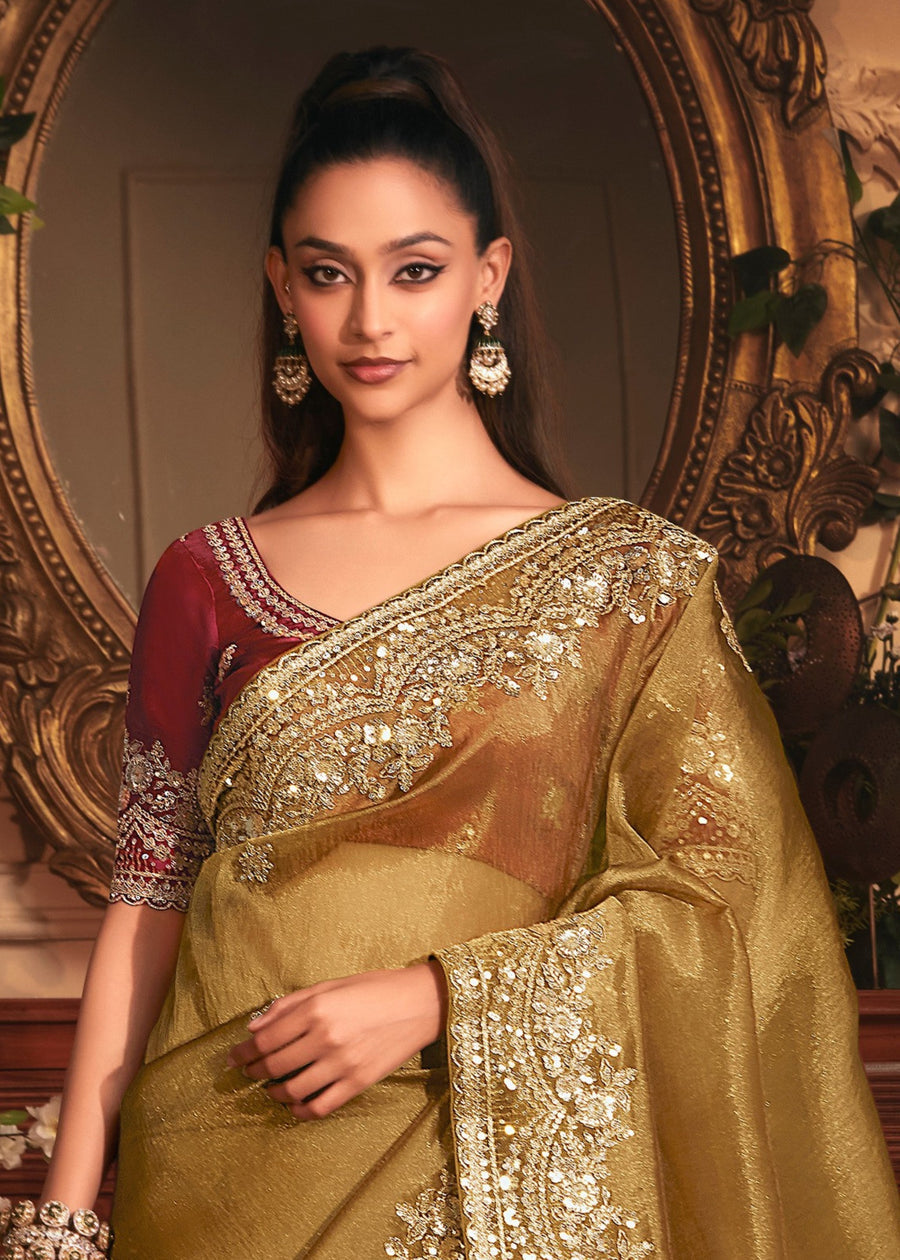 Mustard Yellow Organza Tissue Silk Saree & Red Blouse With Embroidery Work