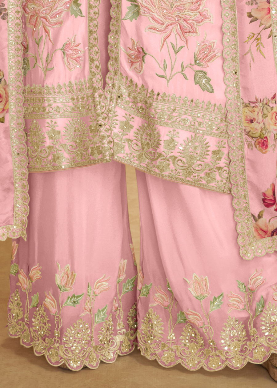 Designer Pastel Pink Chinon Silk Suit Set With Palazzo & Dupatta