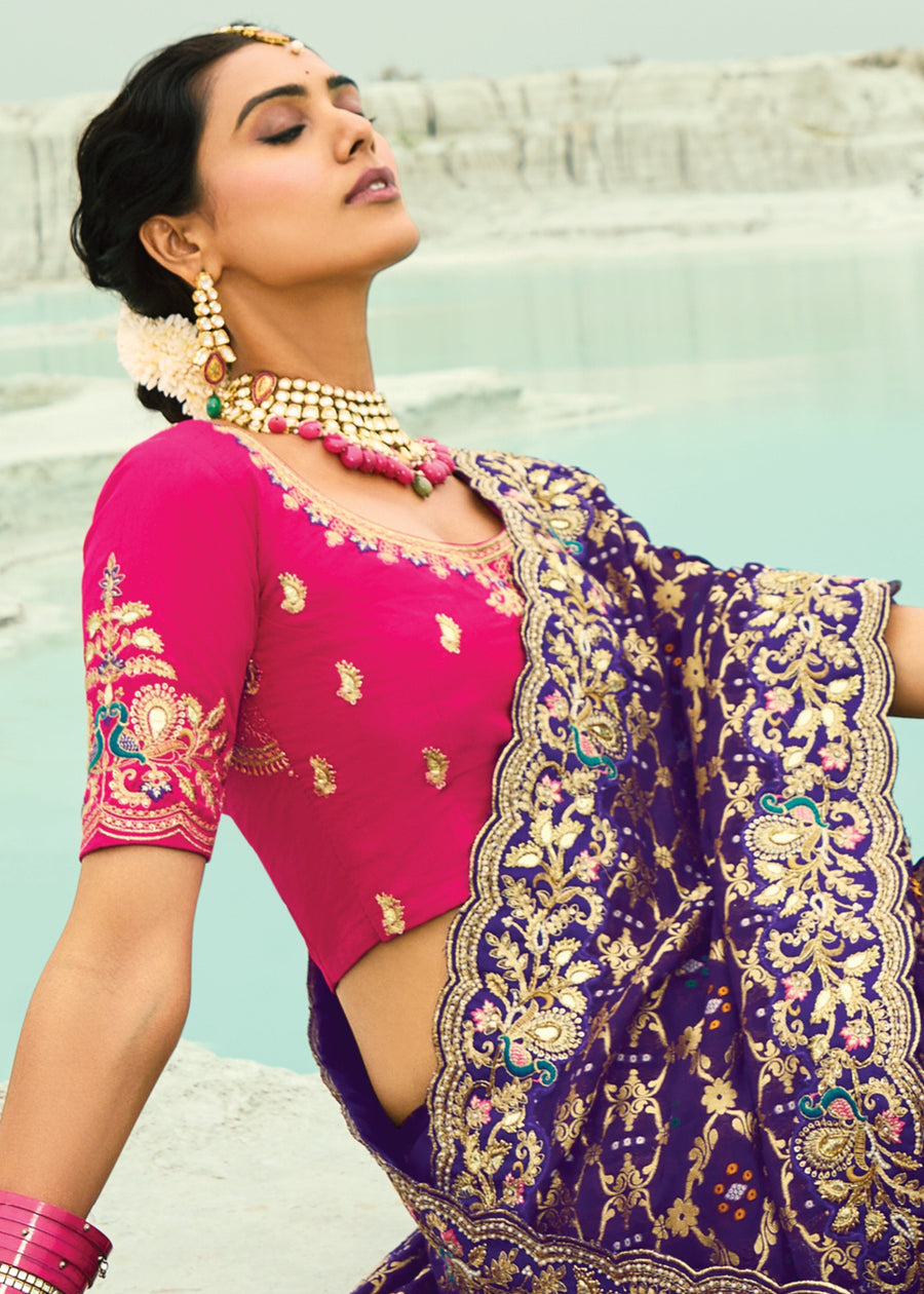 Violet Purple Khaddi Georgette Embroidered Bandhani Saree & Rani Pink Blouse