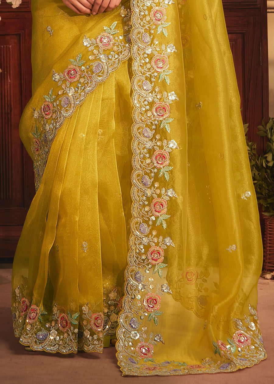 Yellow Organza Tissue Silk Saree With Embroidery Work