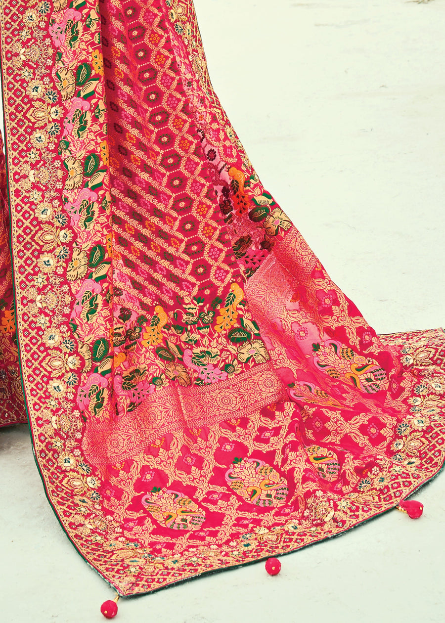 Pinkish Red Khaddi Georgette Embroidered Bandhani Saree & Yellow Blouse