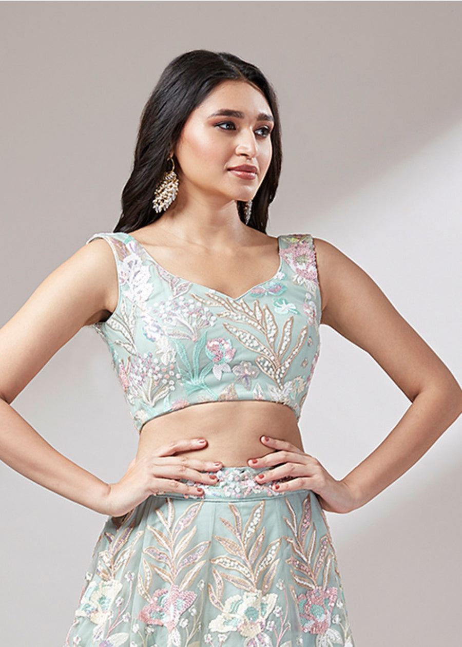 Mint Green Lehenga Choli With Sequins Embroidery