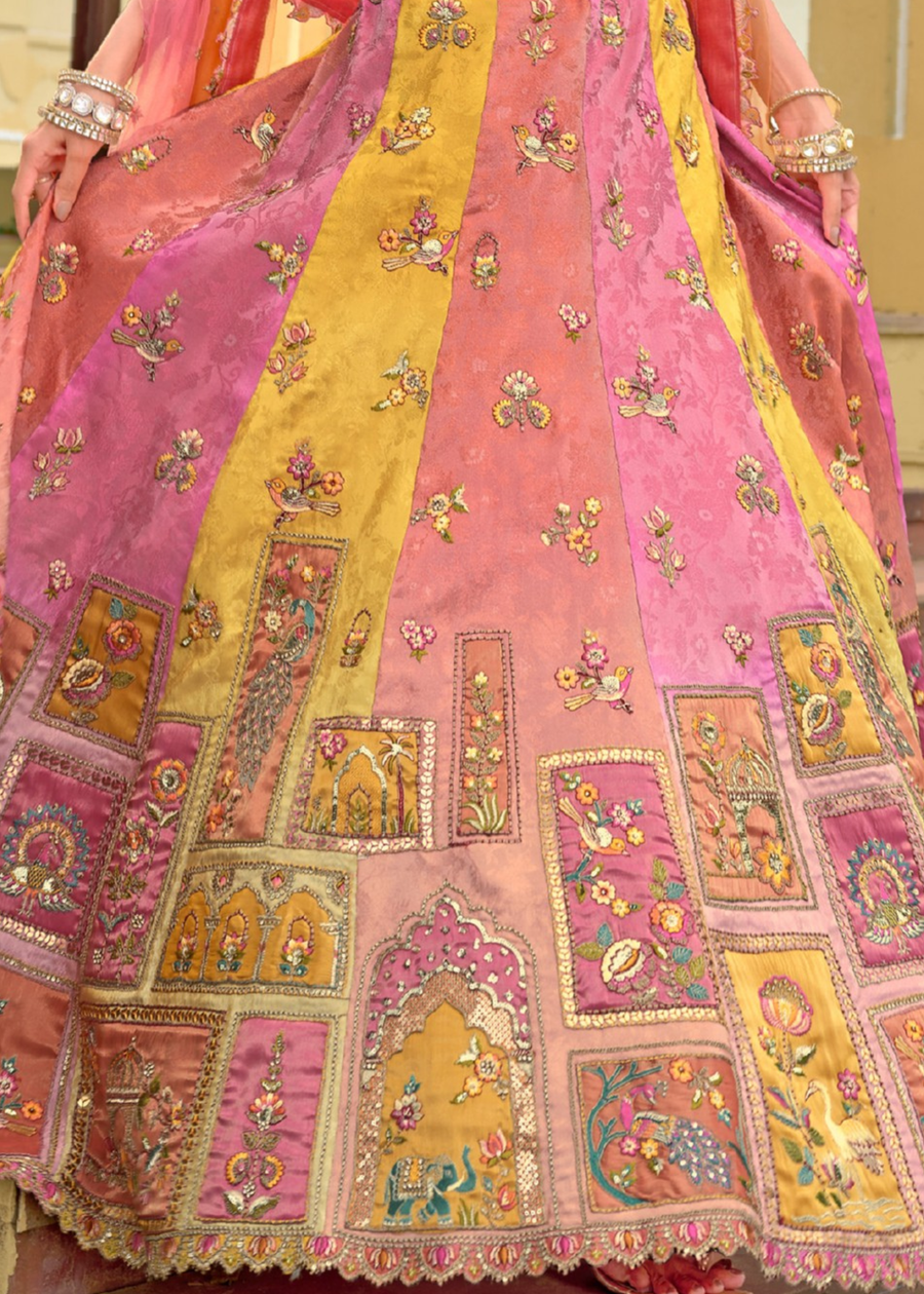 Coral Pink & Yellow Silk Bridal Lehenga Choli