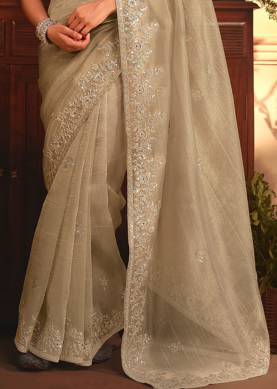 Golden Beige Organza Tissue Silk Saree & Purple Blouse With Embroidery