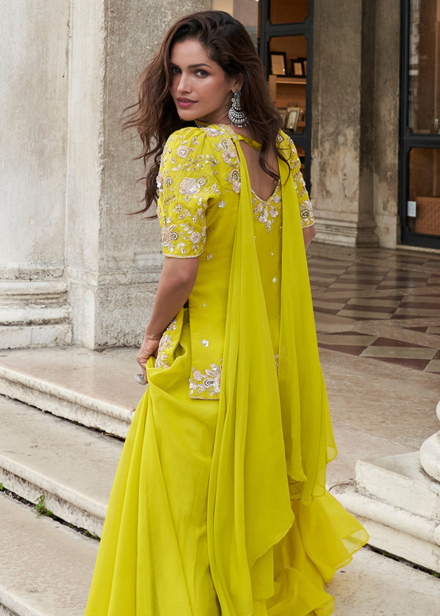 Lime Yellow Organza Silk Wide Leg Palazzo Pant Suit Set