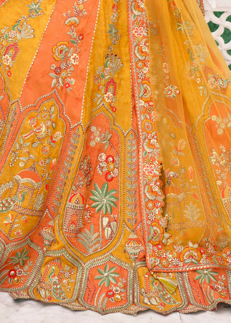 Orange & Yellow Embroidered Banarasi Silk Lehenga Choli