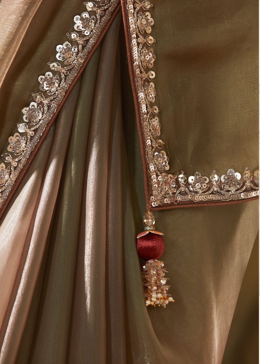 Pastel Brown & Olive Green Organza Tissue Silk Embroidered Saree & Printed Blouse