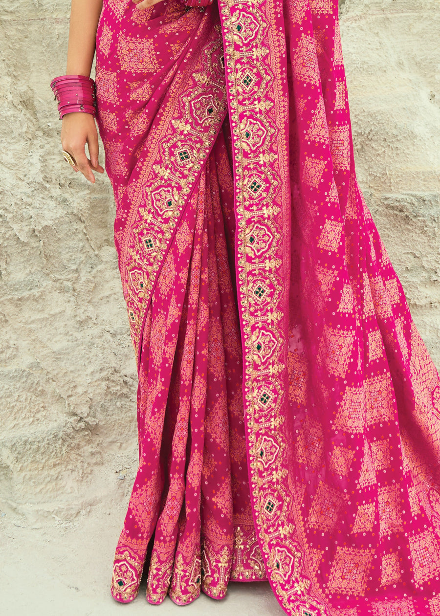 Rani Pink Khaddi Georgette Embroidered Bandhani Saree & Green Blouse