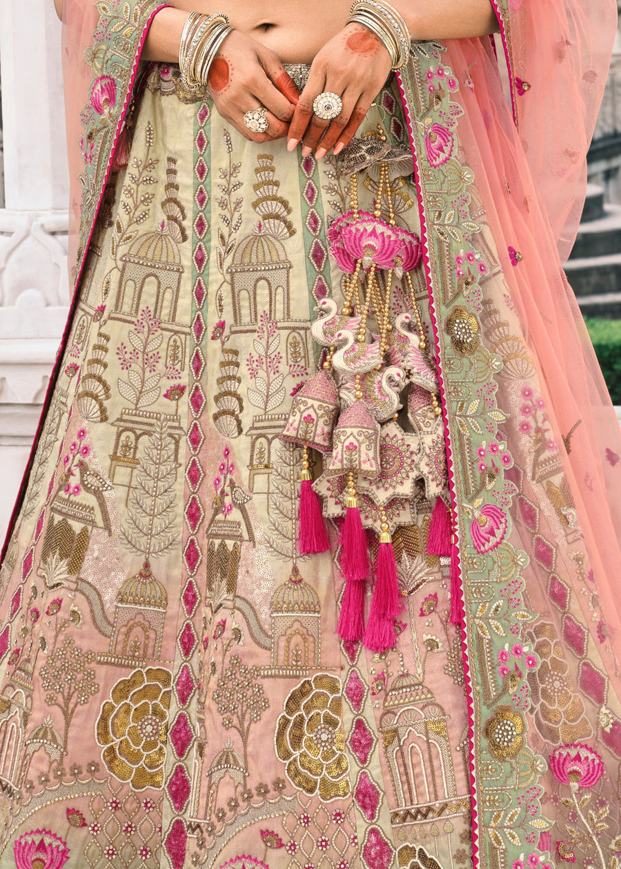 Cream, Mint Green & Pink Ombre Effect Embroidered Silk Lehenga Choli