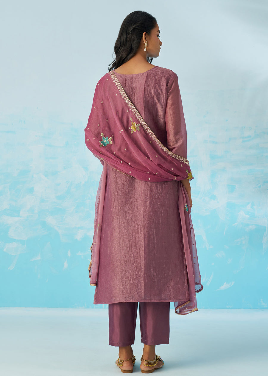Mauve Purple Crushed Tissue Silk Ethnic Pant Style Suit With Dupatta