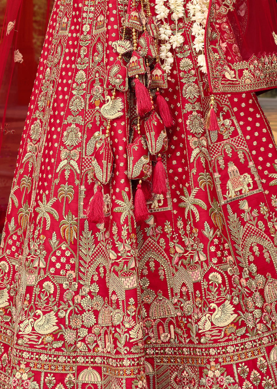 Pure Silk Red Bridal Lehenga Choli with Zari Work