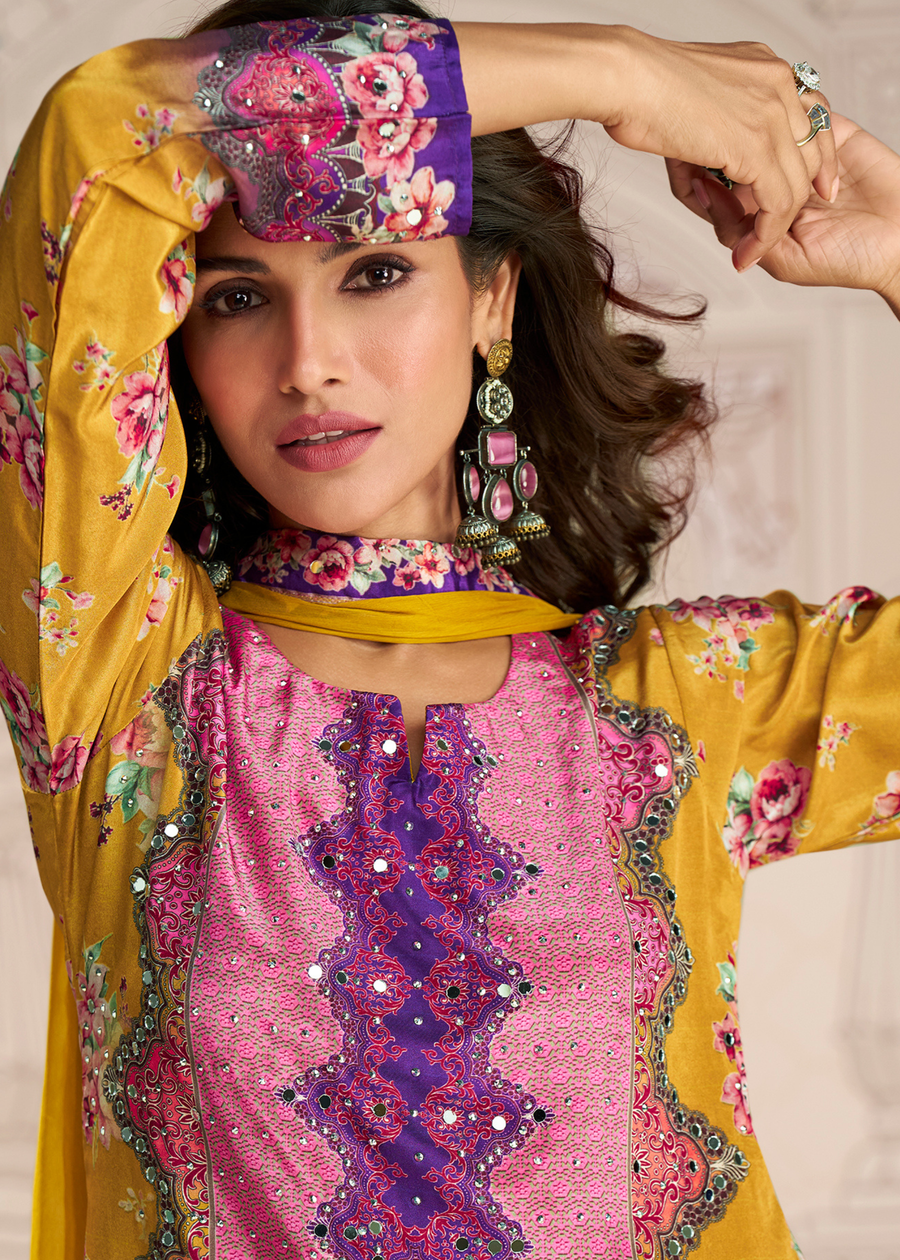 Mustard Yellow Crepe Silk Sharara Suit With Dupatta