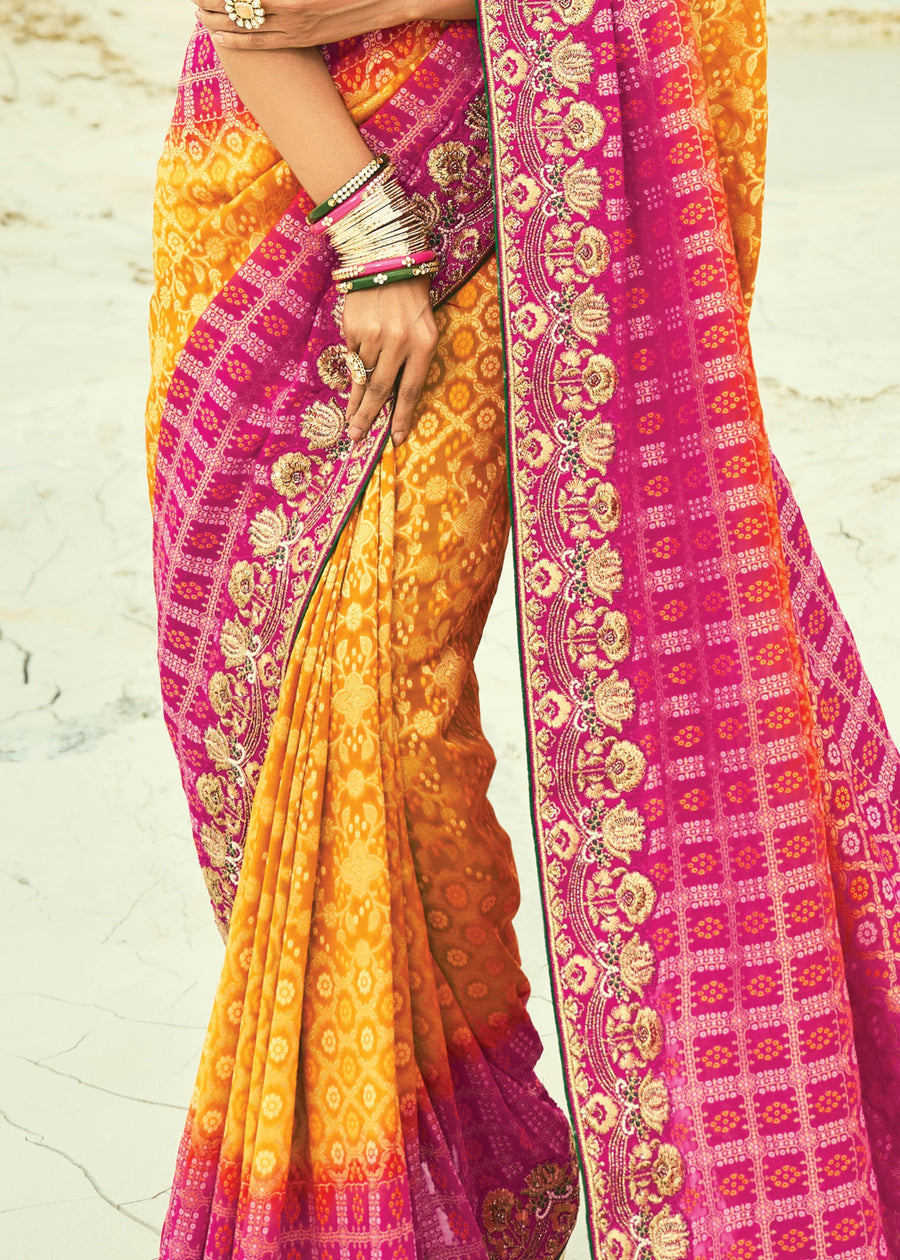 Yellow & Pink Khaddi Georgette Embroidered Bandhani Saree with Green Blouse