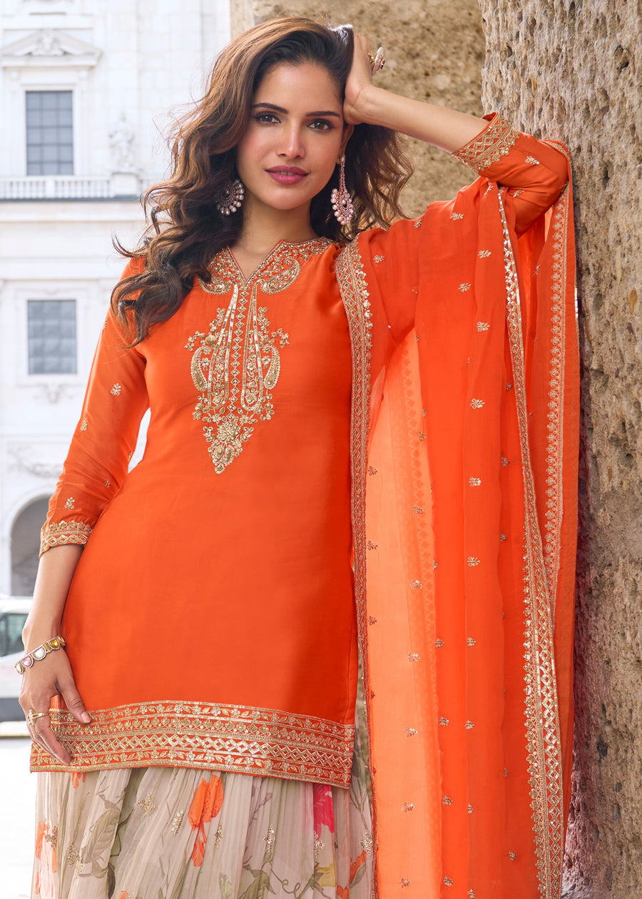 Designer Readymade Orange Chinon Silk Palazzo Suit Set