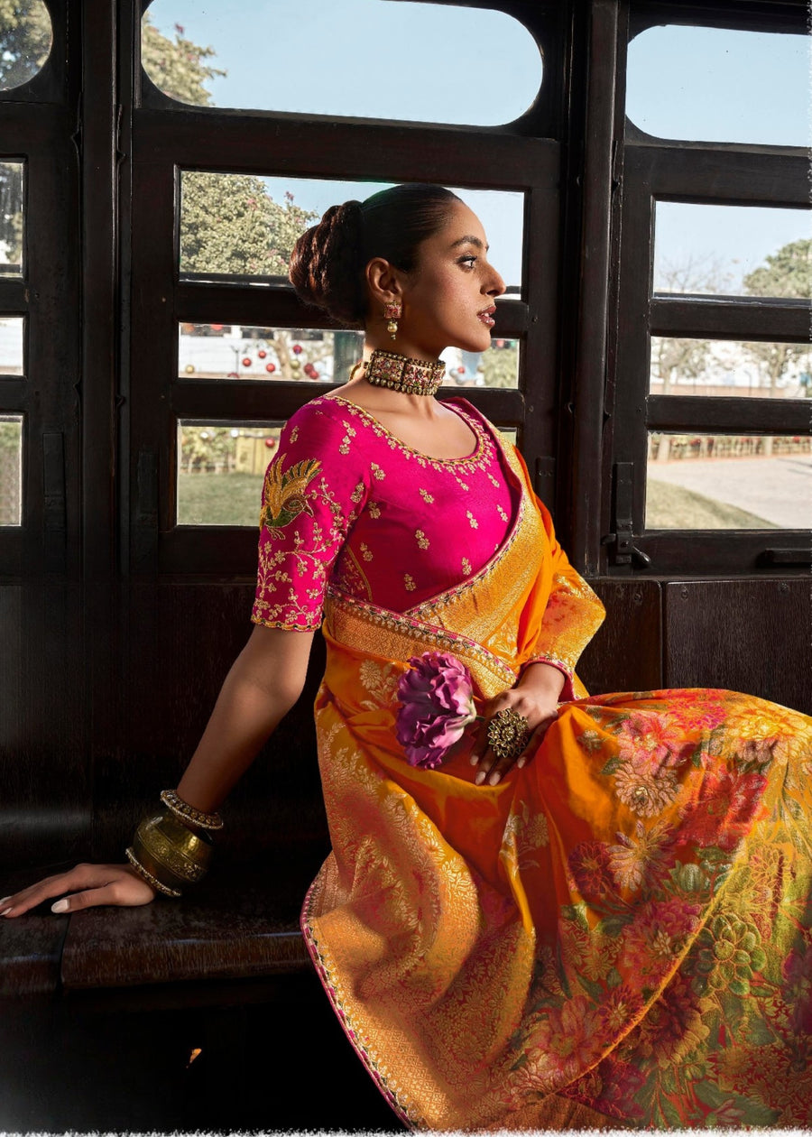 Banarasi Dola Silk Orange Saree & Pink Embroidered Blouse