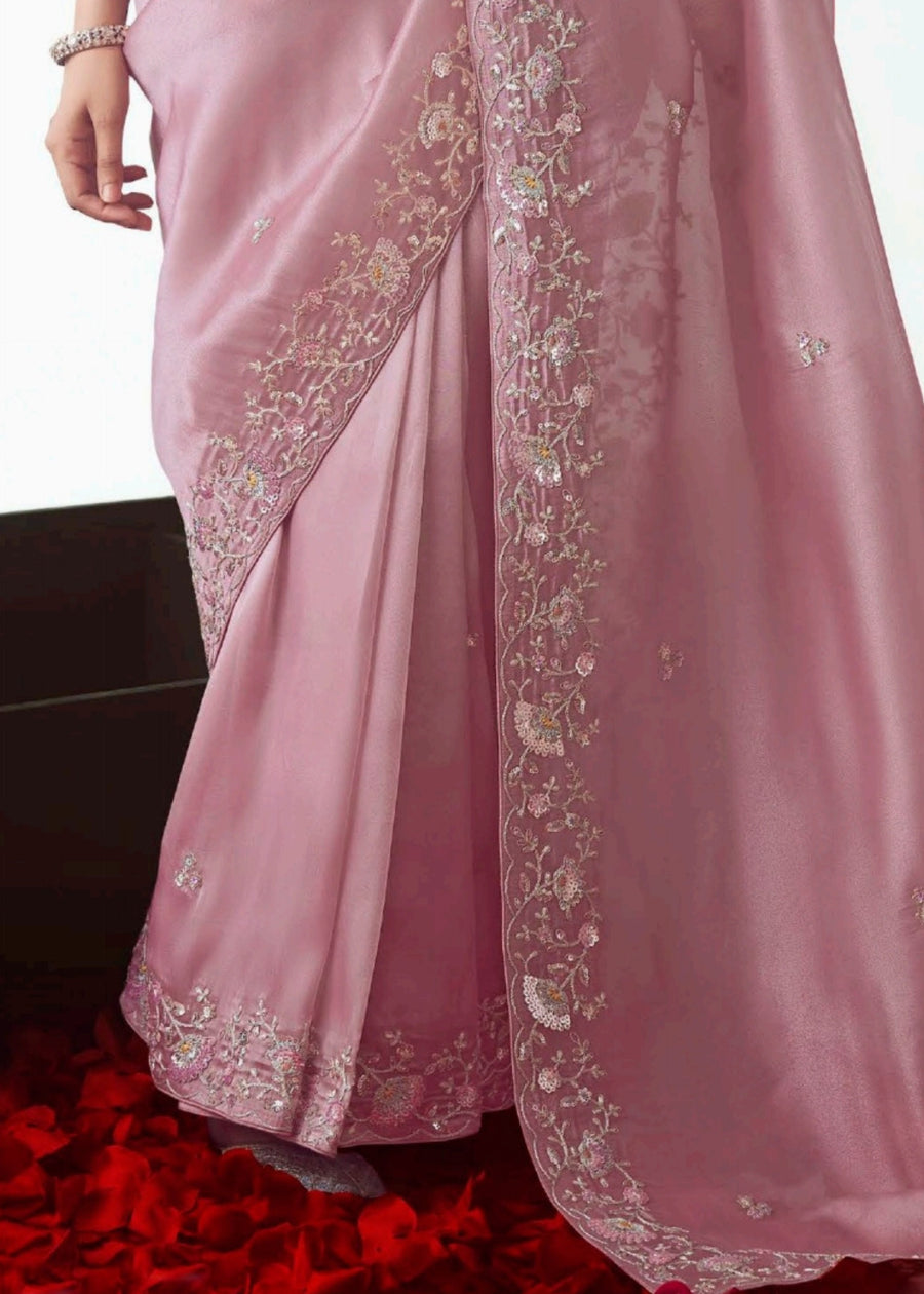 Pastel Pink Organza Tissue Silk Embroidered Saree with Aqua Blue Blouse
