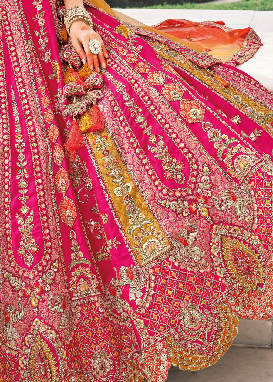 Hot Pink Embroidered Silk Bridal Lehenga Choli